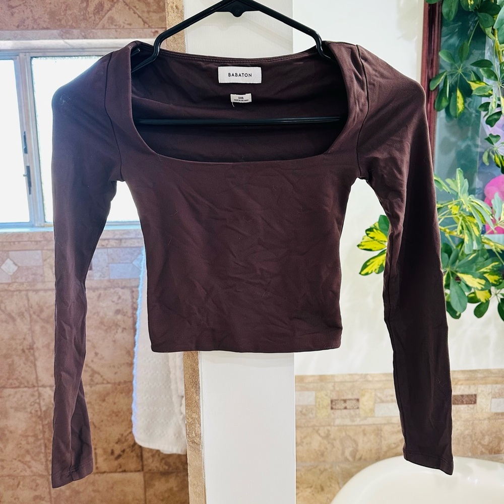 Babaton Chocolate Brown Long Sleeve Square Neck Crop Top Size 2XS